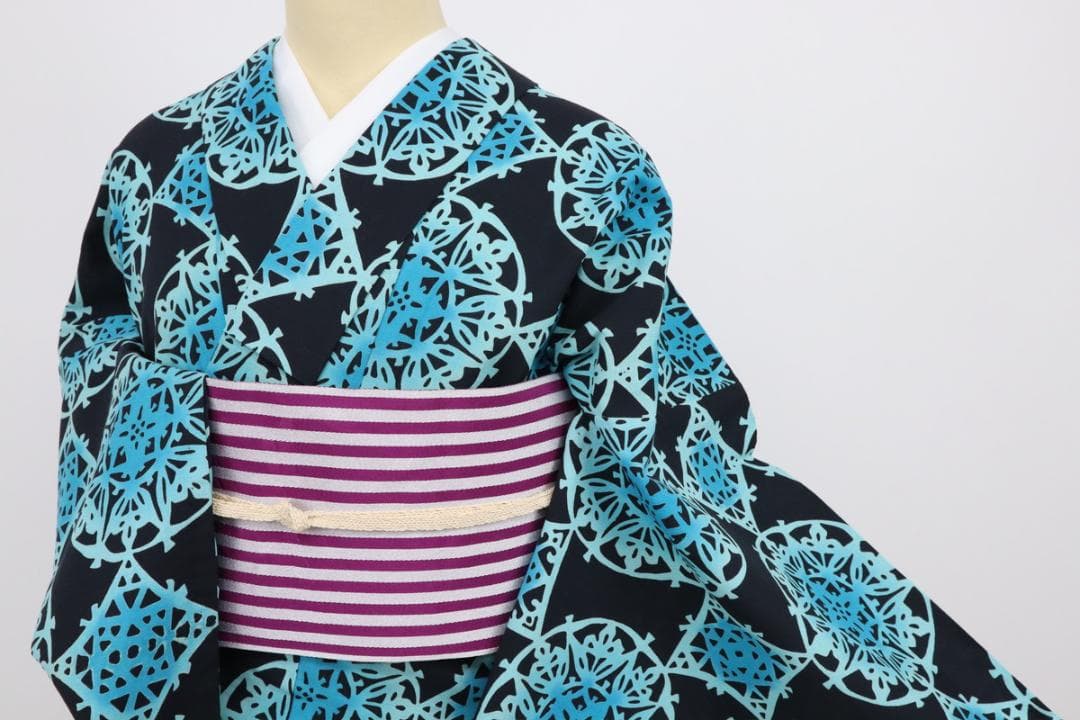 《cat★浴衣『三勝染』アラベスク幾何学模様◆黒×ブルー◆UB5-2》