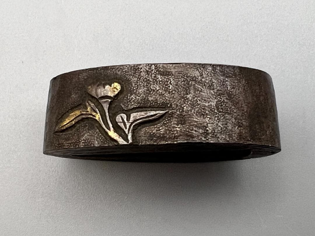 【海】江戸明治期　日本刀装具　花図　牡丹　金象嵌　縁頭　４点　骨董品　美術品