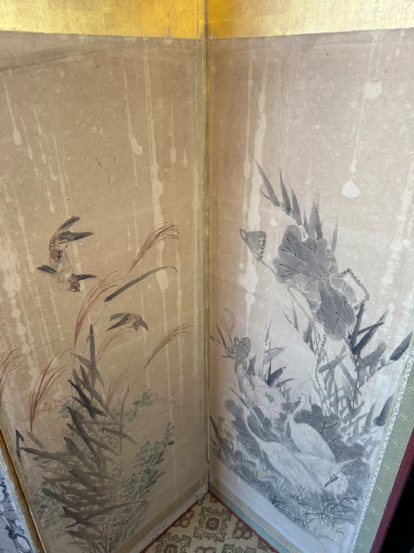 江戸後期 ~ 明治初期 六曲屏風 二点セット 鳥花図 美品 アンティーク