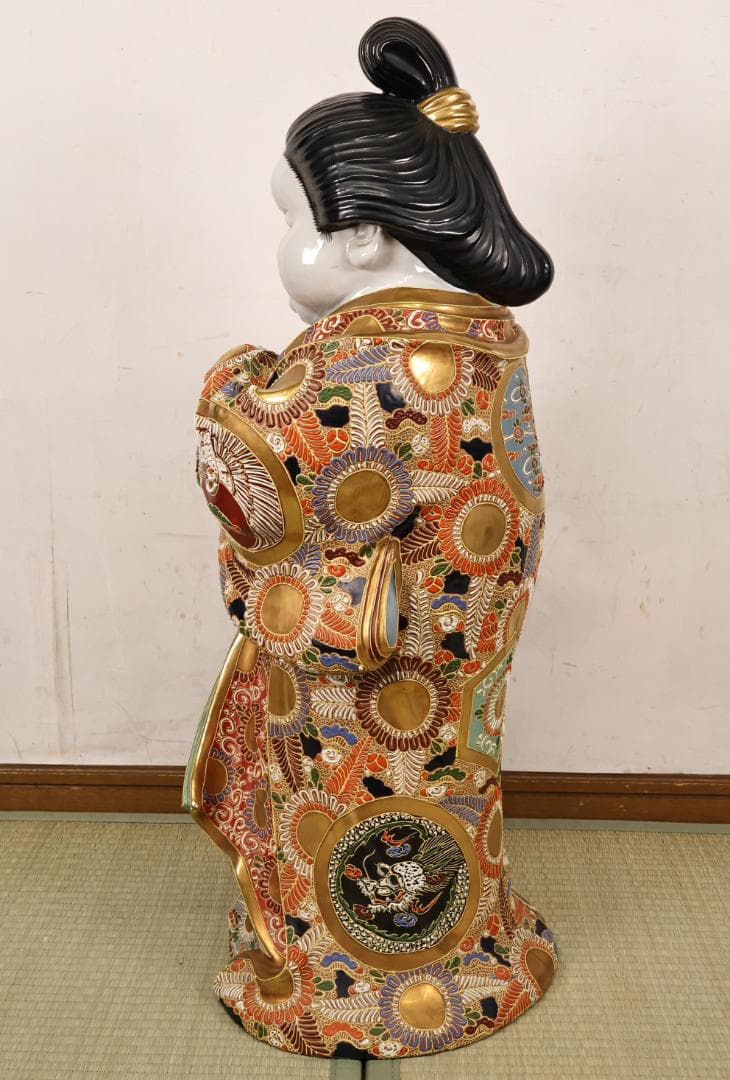 九谷焼 八幡窯 色絵金彩龍図　お多福 像　お福　置物　高さ約77cm　BK67