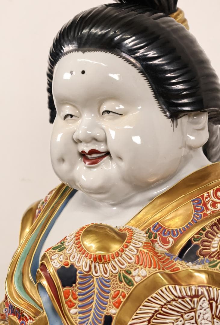 九谷焼 八幡窯 色絵金彩龍図　お多福 像　お福　置物　高さ約77cm　BK67