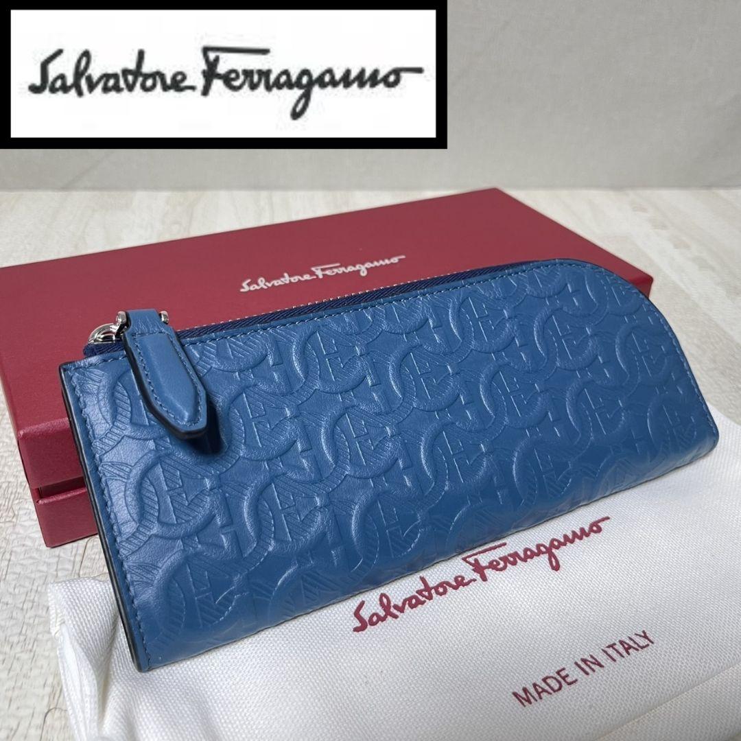 未使用 フェラガモ ガンチーニ 型押しレザー ペンケース ポーチ