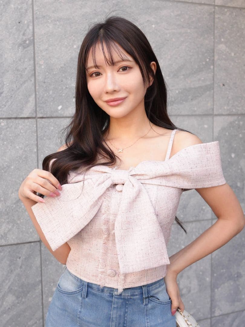 【り】リップサービス ツイードリボンオフショルトップス