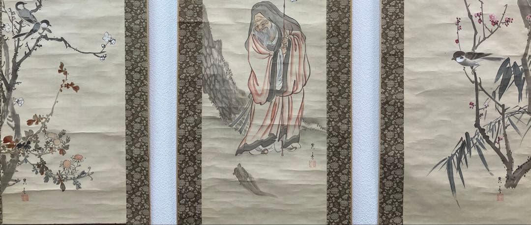 松村呉春　3幅（白梅・寿老人・赤梅）　絹本　掛軸