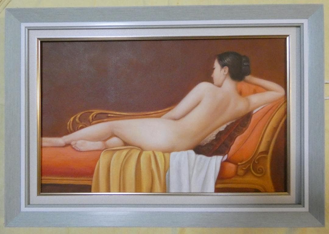 油絵　額付き　森本草介 　M10 【　横卧裸婦　】手描き　肉筆
