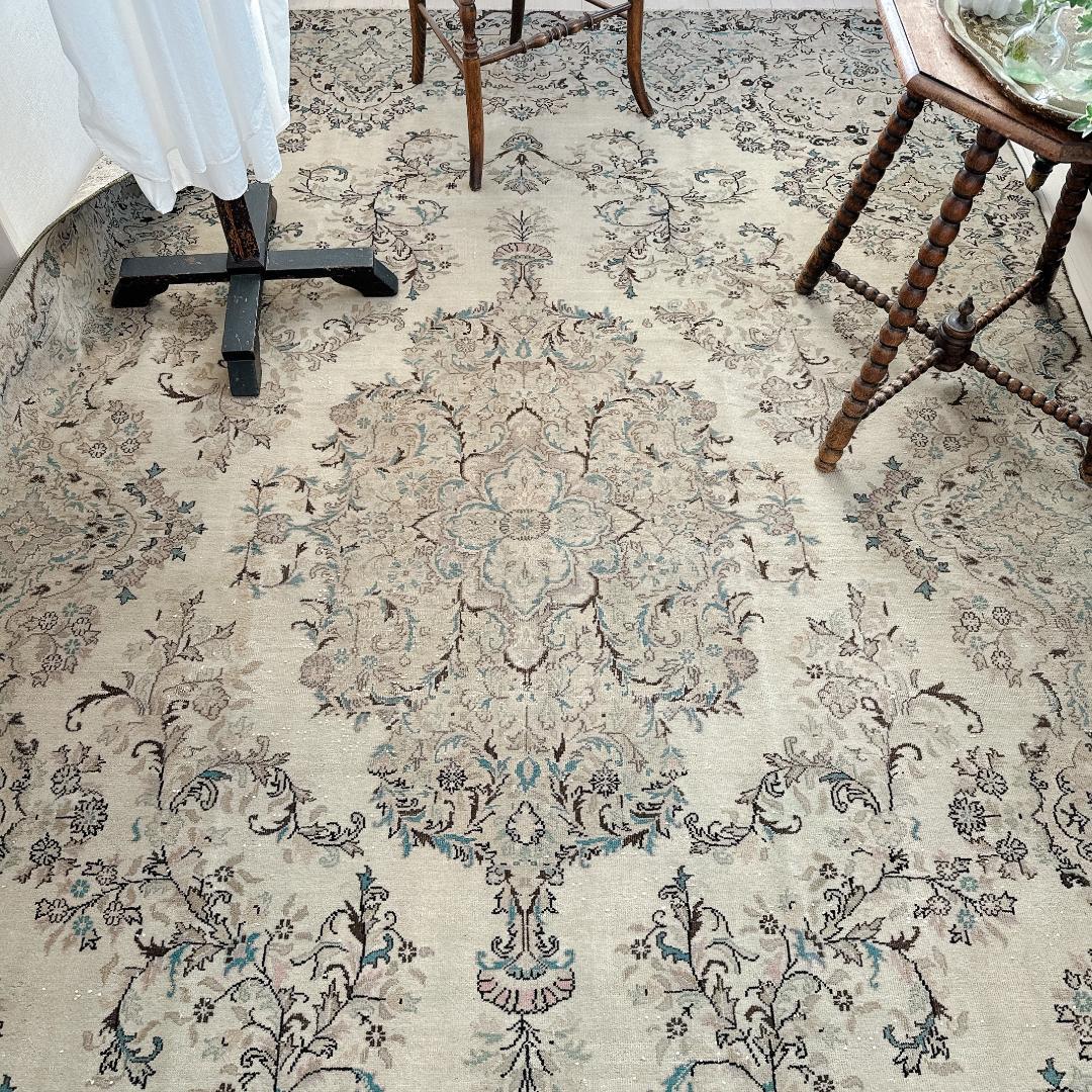 トルコヴィンテージラグ A76超大判 最高級 レア カイセリ グレージュ ブルー