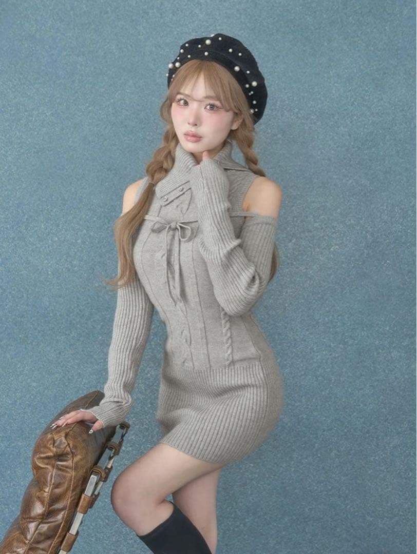 Darich デザインネックニットミニワンピース GRY