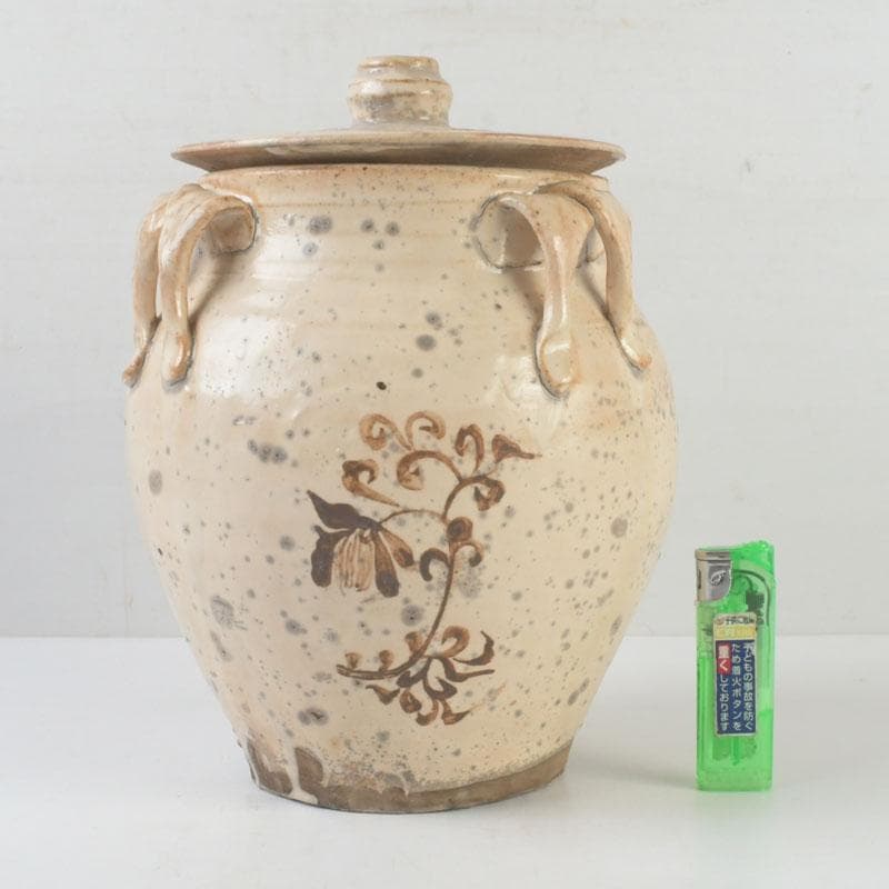 中国　磁州窯　鉄絵　花草文　高麗水指　共箱　V　9891A