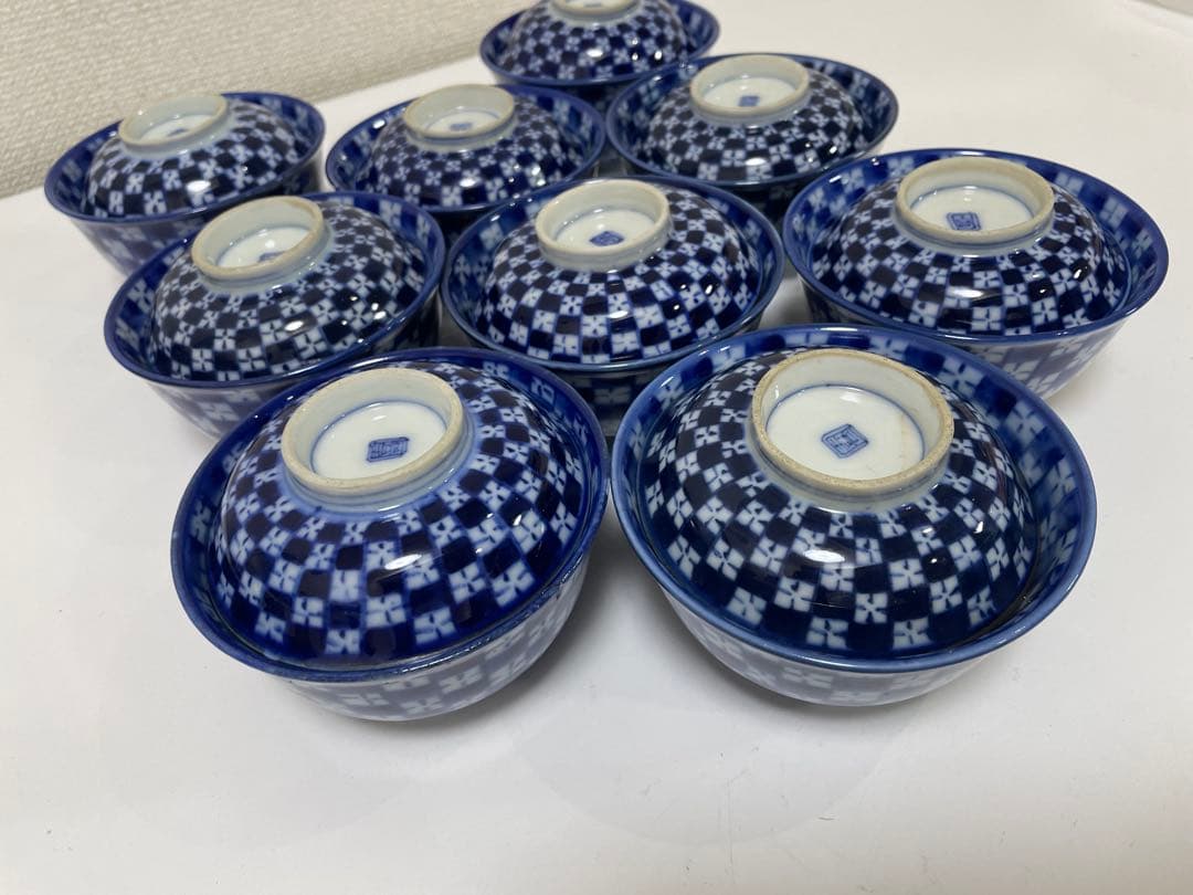【現状品】古伊万里 青 染付 蓋付飯碗9客 レトロ アンティーク