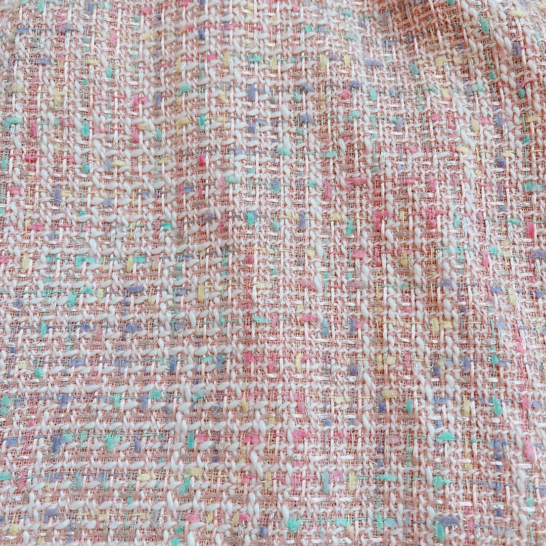 areeam ピンク系ミックスツイード長袖マキシワンピース　異素材　ベルト付き