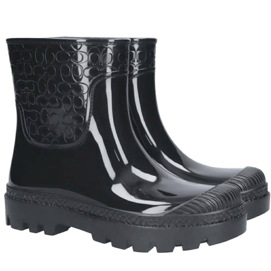 美品　コーチ　レディースレインブーツ　シグネチャー　黒