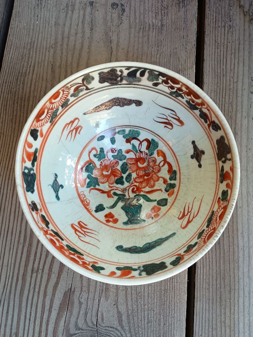 明末清初 呉須赤絵 見込み花図大鉢