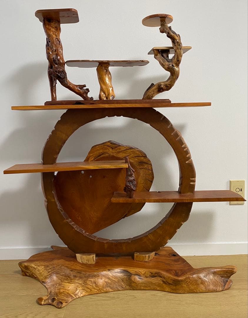 アンティーク 昭和 和風 木製 / 丸型茶棚 飾り棚 違い棚 ウッドシェルフ