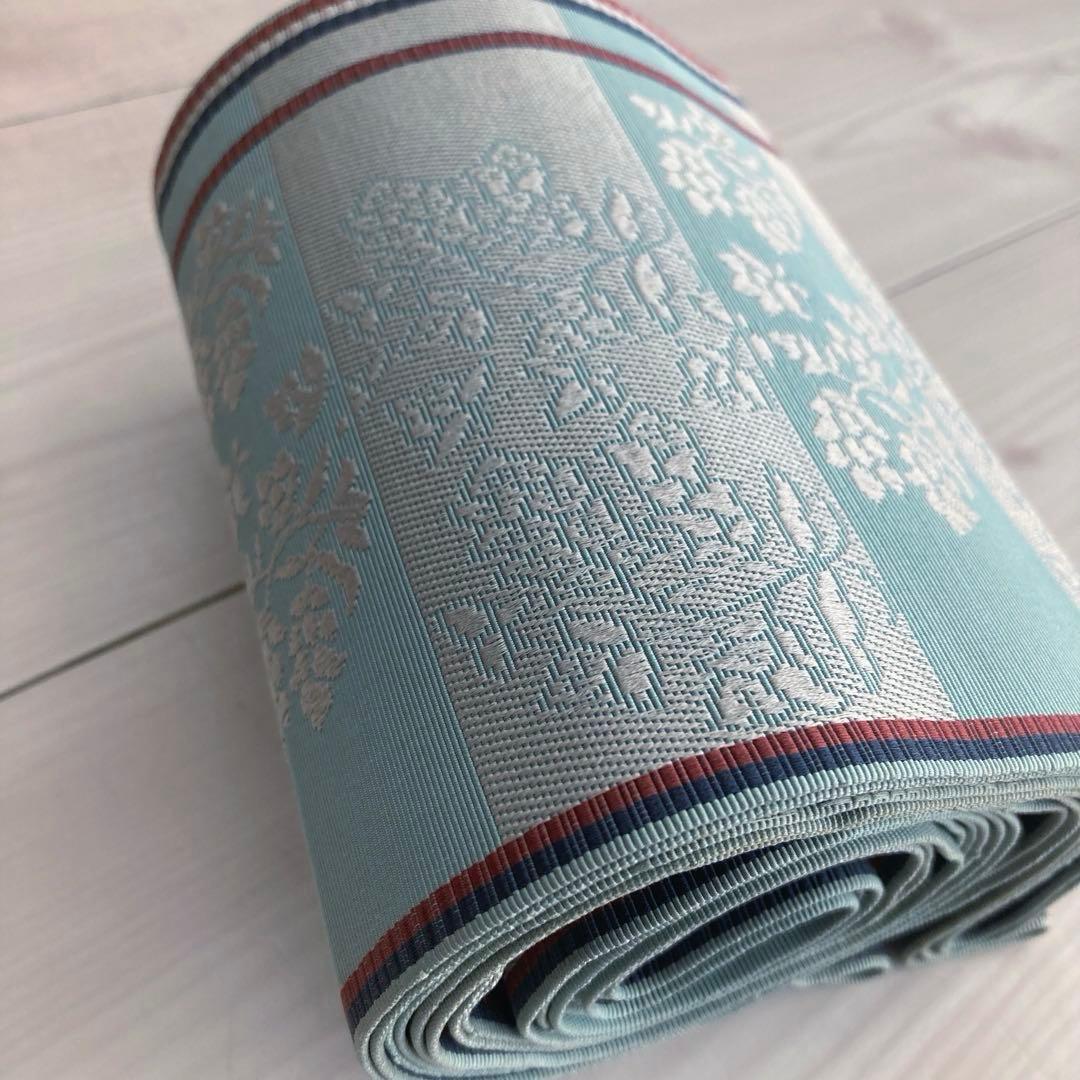 本場筑前博多織　半幅帯　ブルーグレー　織り出し花模様・縞模様　正絹　No2.22