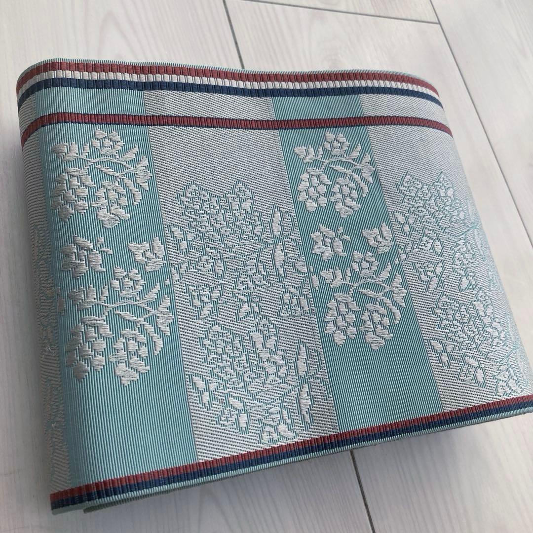 本場筑前博多織　半幅帯　ブルーグレー　織り出し花模様・縞模様　正絹　No2.22