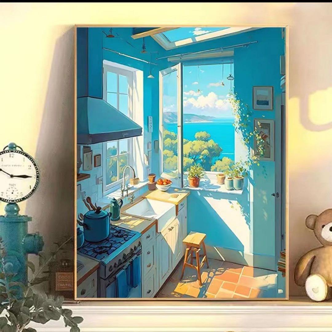 風景画 キッチンと海の景色