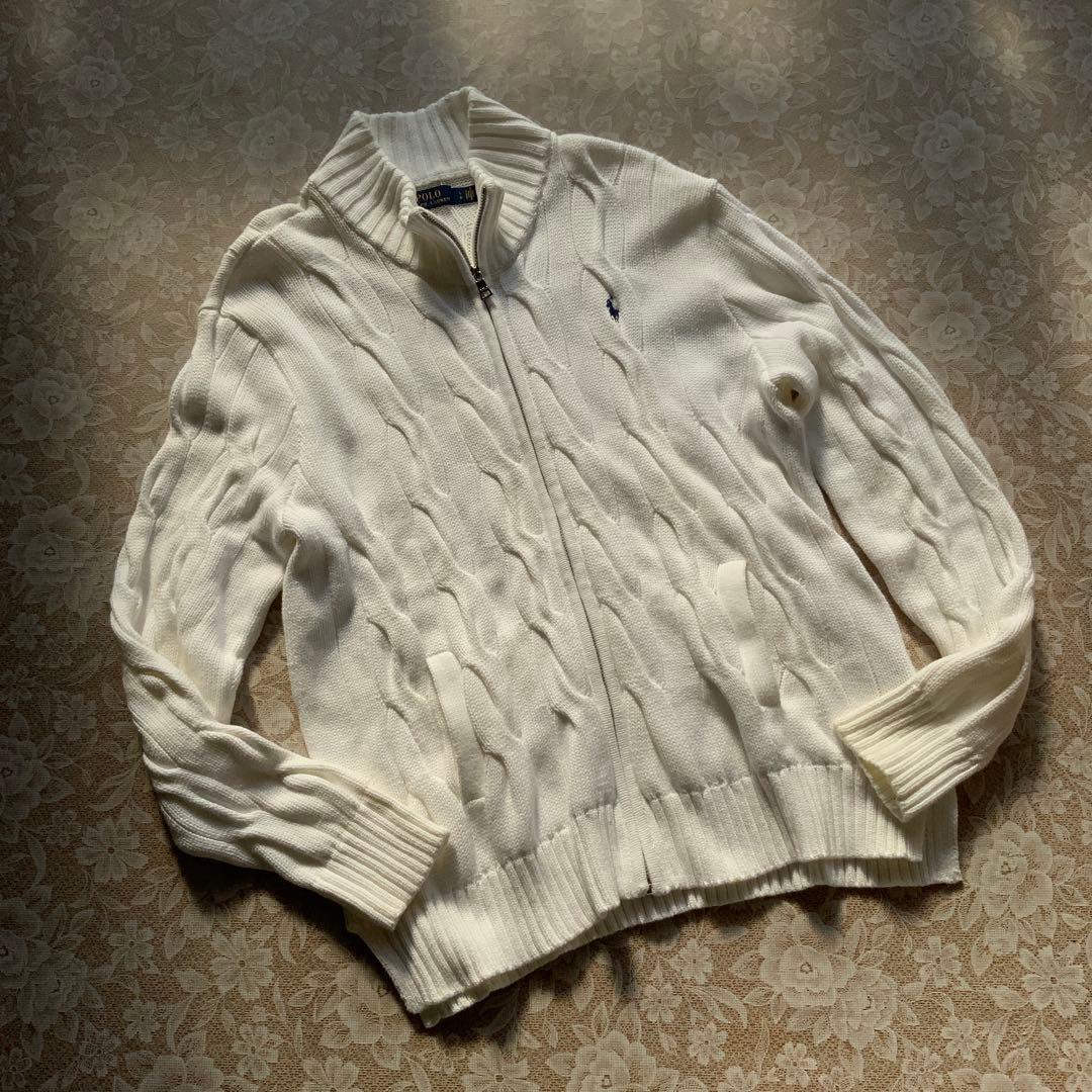 超美品　ポロラルフローレン　コットンケーブル編みジップアップニットブルゾンL白