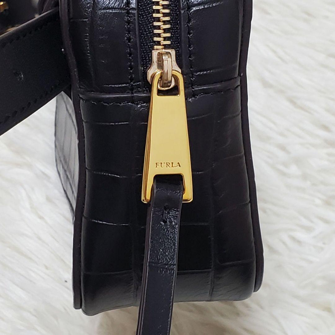 ■未使用に近い フルラ クロコ ウエストバッグ ボディバッグ レザー ブラック