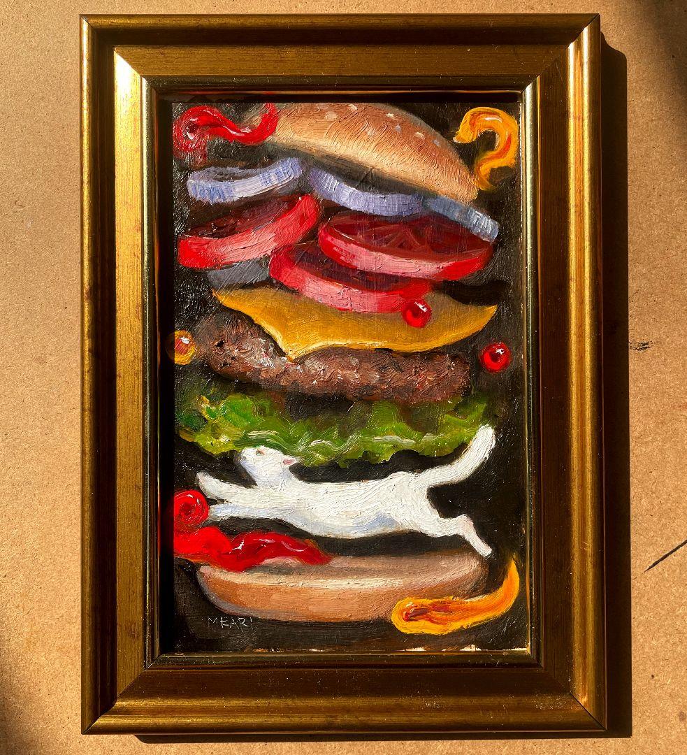猫バーガー　油彩画　油絵　原画　額付き　オリジナル