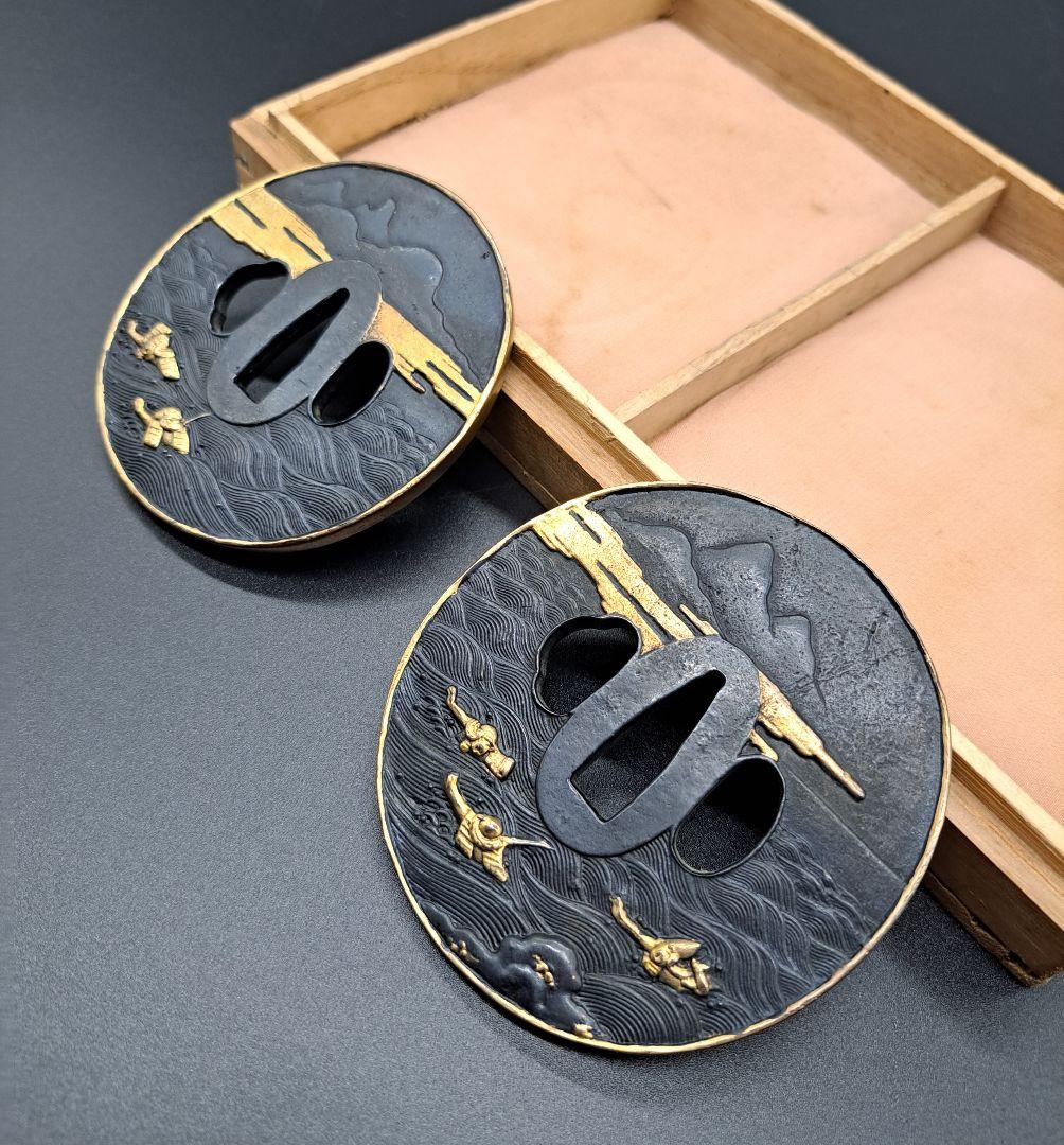 騎馬武者図大小揃い鍔 鐔 二点セット 日本刀 刀 刀装具 居合い 侍 武士道