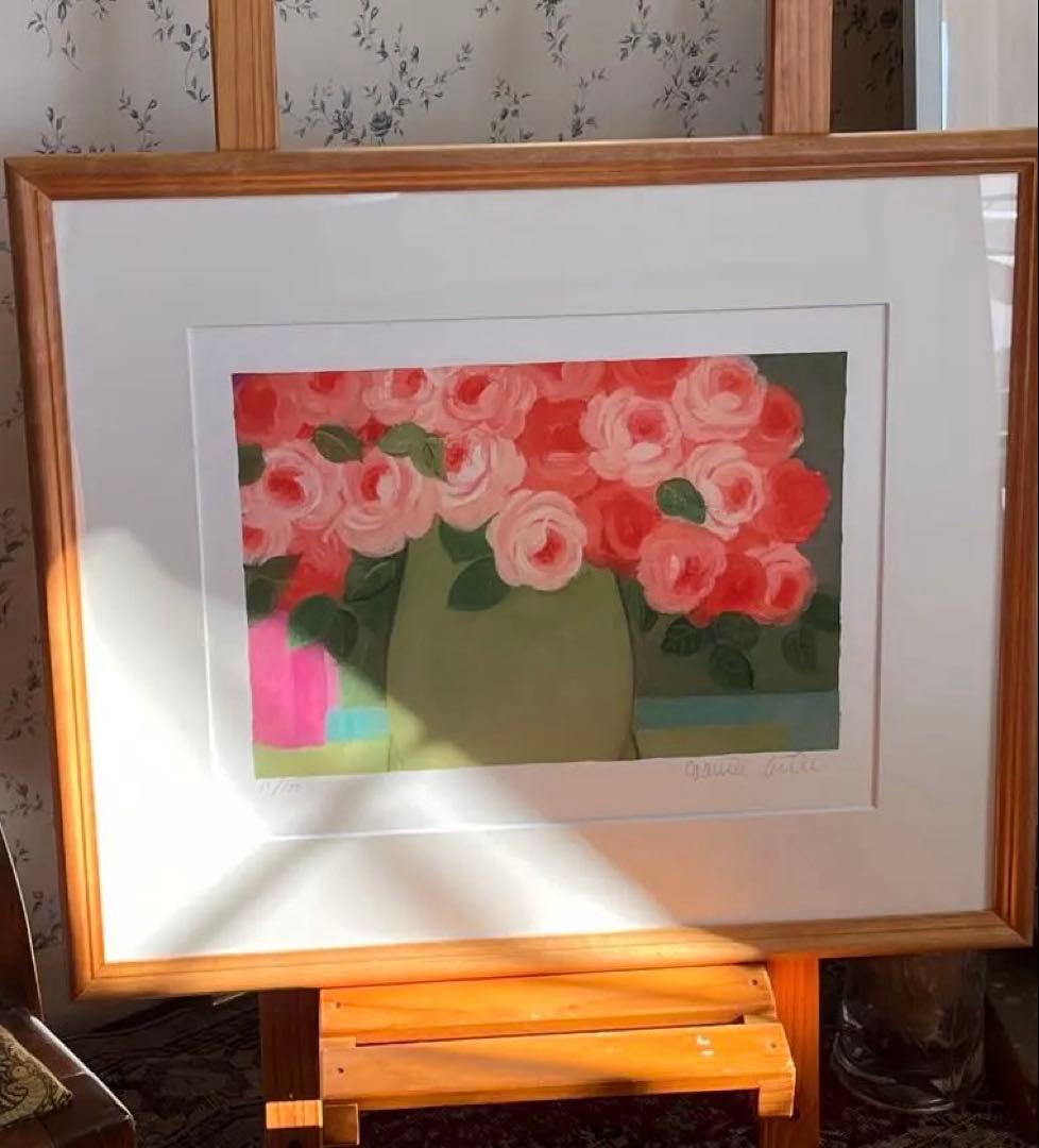 新品額入り　限定版画　ジニー・キム　直筆サイン、ED、証明書あり　薔薇　オレンジ