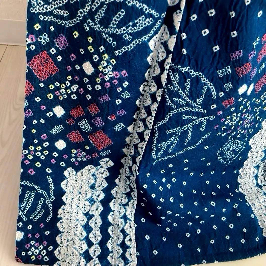 有松絞り浴衣・蜘蛛絞り　青緑　紫陽花　手縫い　絞り浴衣　裄70cm No7-15