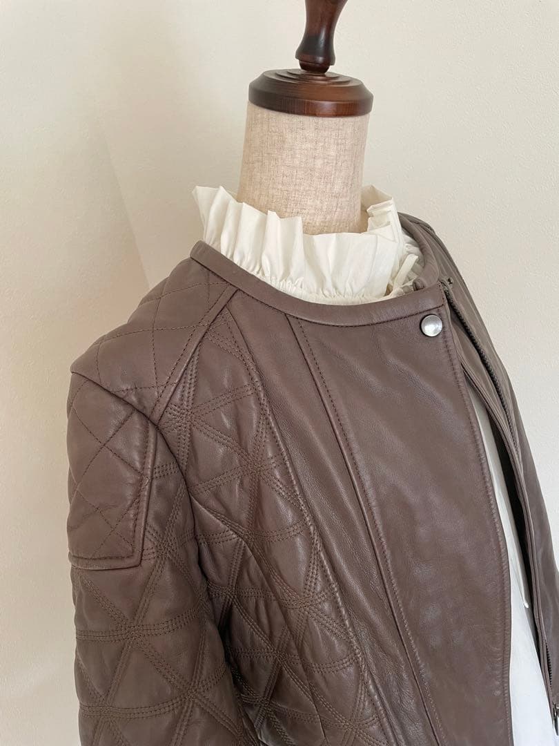 【コントワーデコトニエ】マロン色のラムレザーキルティングジャケット　大きいサイズ