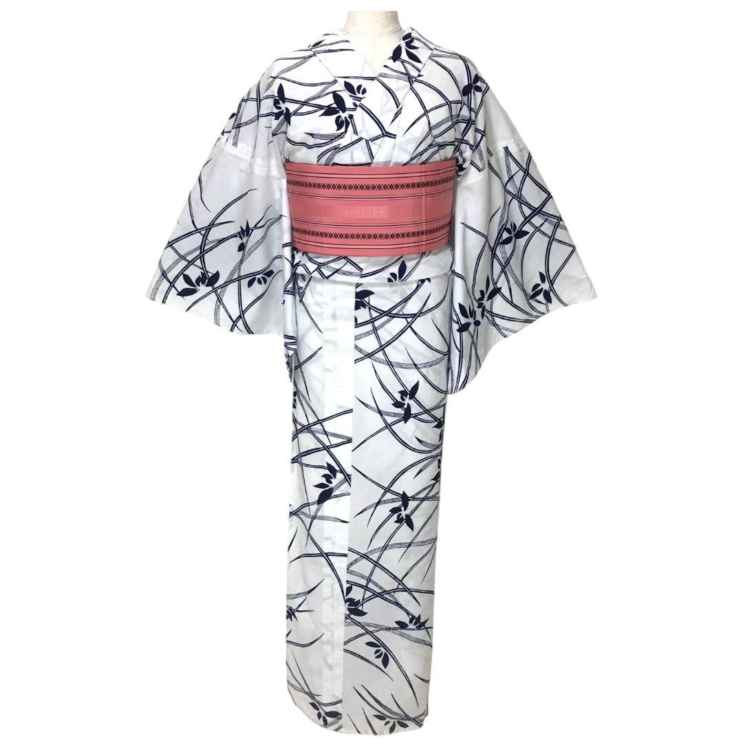 【浴衣】草花模様 芝草　注染　白地 ホワイト　古典 綿 ＋半幅帯セット