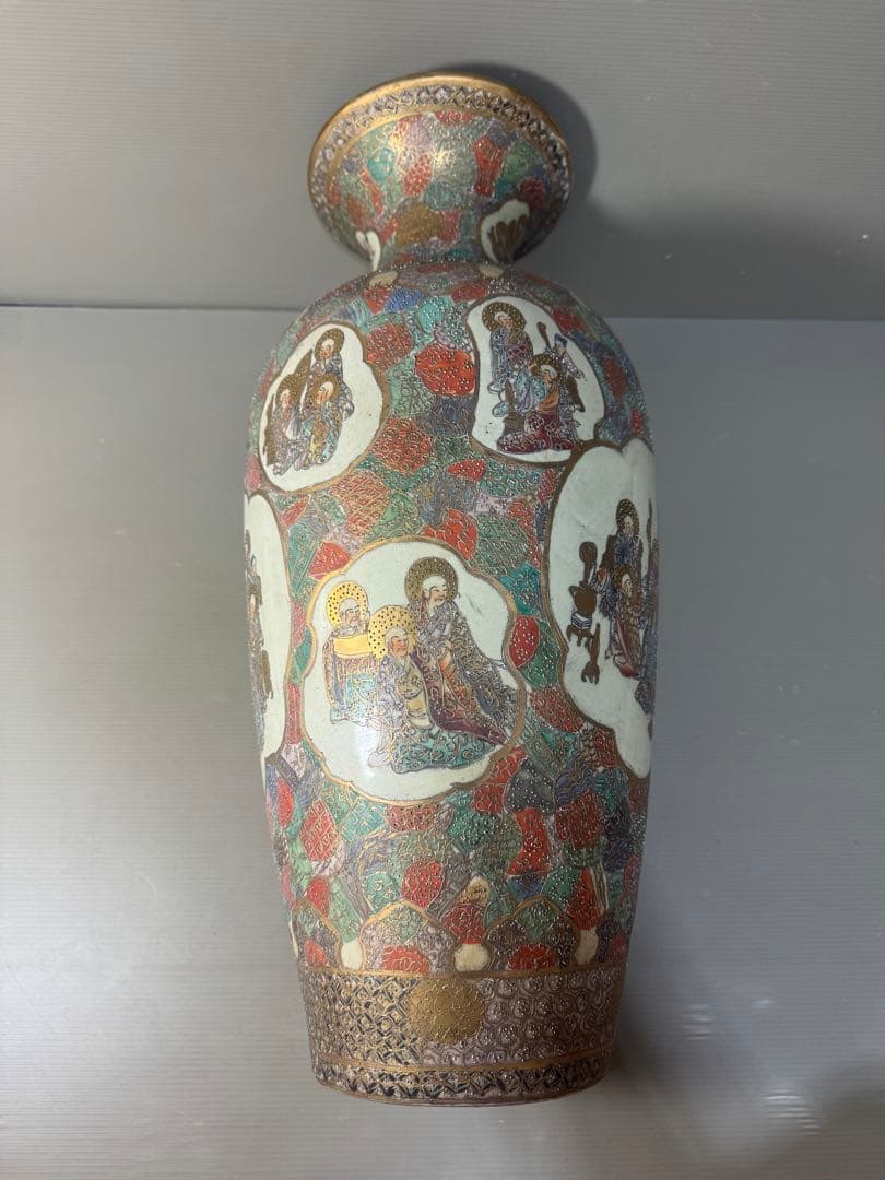 2624 骨董　薩摩焼　金襴手人物文　花瓶　大型　50cm