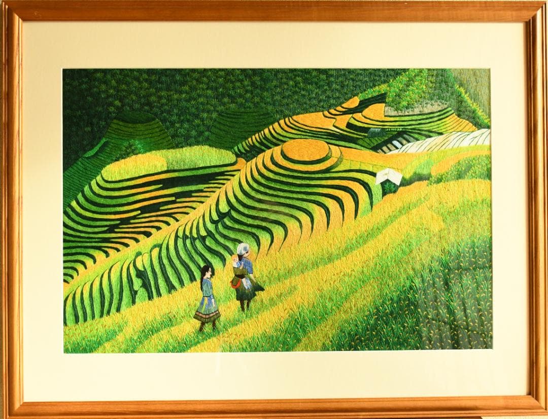 ヴェトナムの棚田の風景　 大きめの高級絹糸刺繍