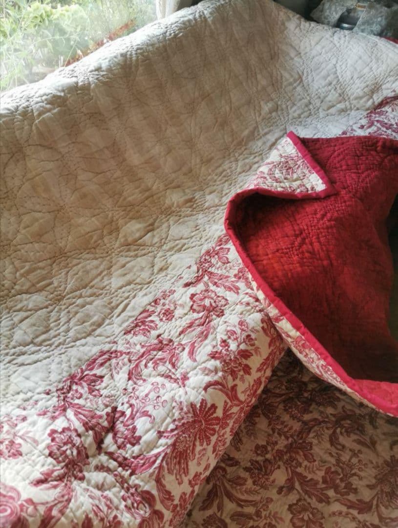 アンティーク フレンチブティ 超肉厚大判キルト ダブルフェイス 花更紗＆チェック