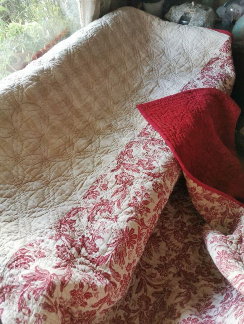 アンティーク フレンチブティ 超肉厚大判キルト ダブルフェイス 花更紗＆チェック