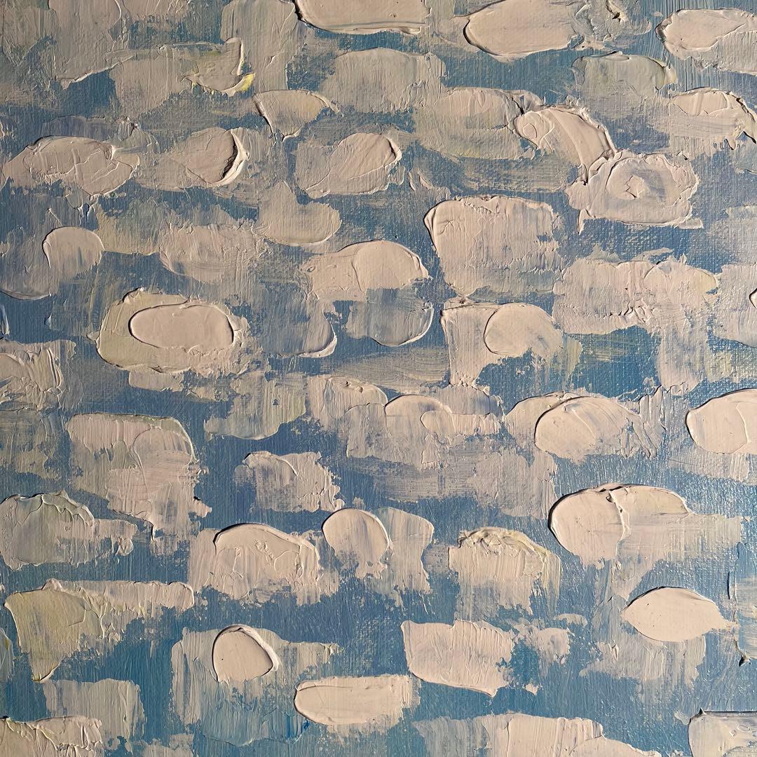 手書き油絵 スカイブルー 額付 肉筆絵画 インテリア 油彩画