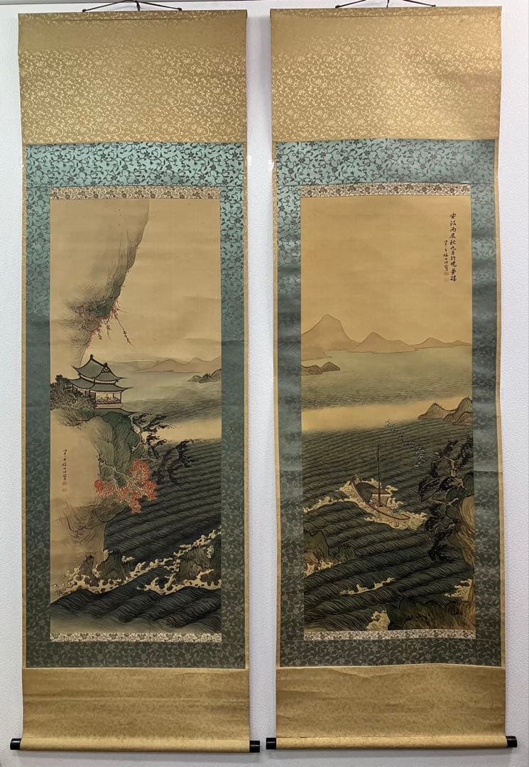 福田半香　山水図　絹本　双幅　掛軸　識箱（渡辺崋山／崋山十哲）