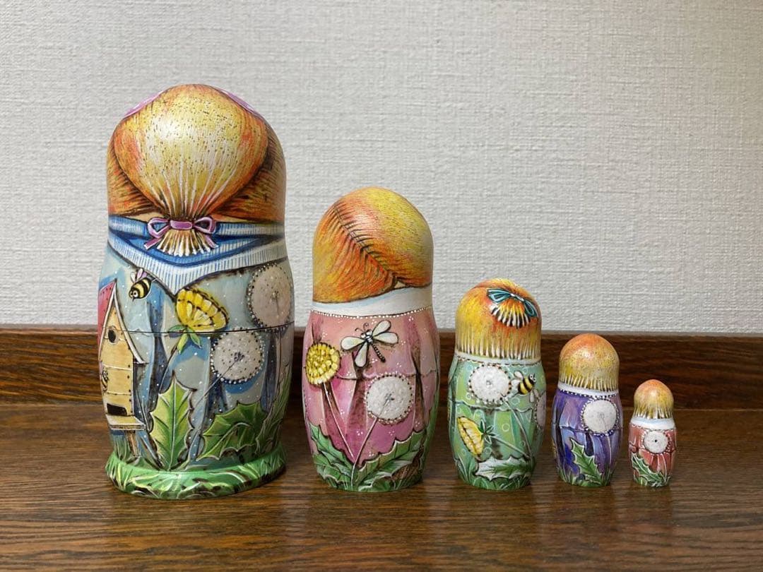 ロシア雑貨☆『タンポポ』ウッドバーニング マトリョーシカ(5P)ミラ作