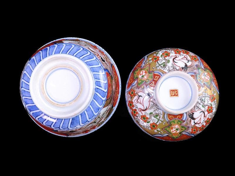 古伊万里　金襴手　双鶴に梅花の図　大振蓋茶碗　2客　D747AS-CHr