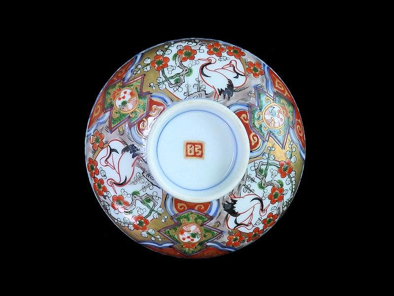 古伊万里　金襴手　双鶴に梅花の図　大振蓋茶碗　2客　D747AS-CHr