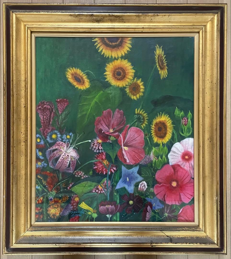 lili　青木誠一　油彩　ひまわり　朝顔　10号　1994年　8月　e31