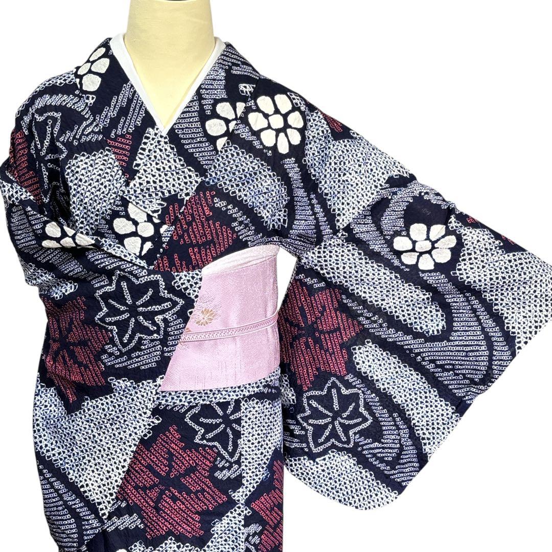 A98夏着物　洗える　有松鳴海絞り 高級浴衣 花 綿　祭り　花火会