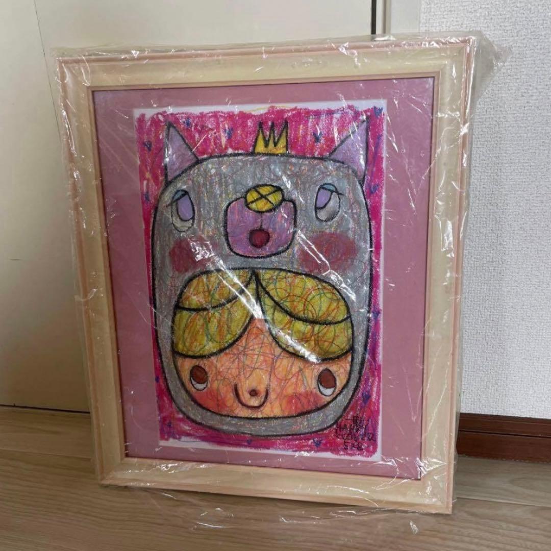 アリカワコウヘイ 原画 クレパス画 女の子 ねこ 猫