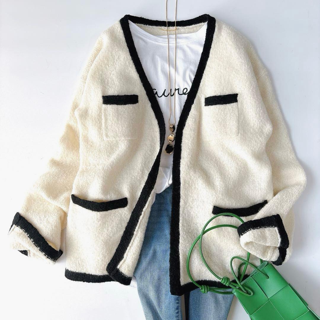 美品⁑ドゥーズィエムクラス　ウールカシミヤバイカラーニットカーディガン　ホワイト