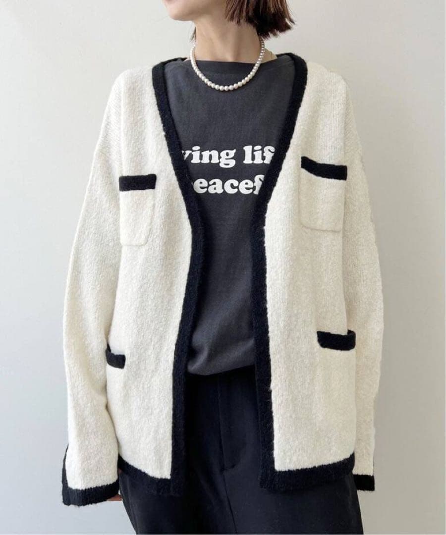 美品⁑ドゥーズィエムクラス　ウールカシミヤバイカラーニットカーディガン　ホワイト