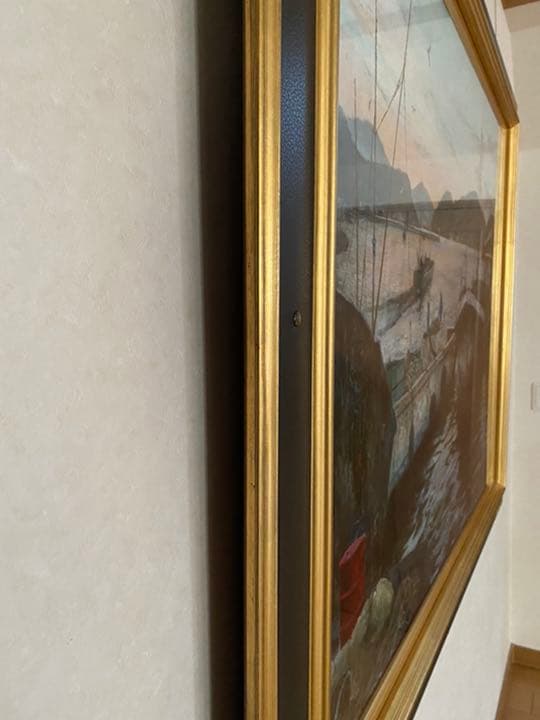 絵画　久保田宏　油絵　朝の漁港　特大F50 名画　巨大　額縁　芸術品　油彩　作品