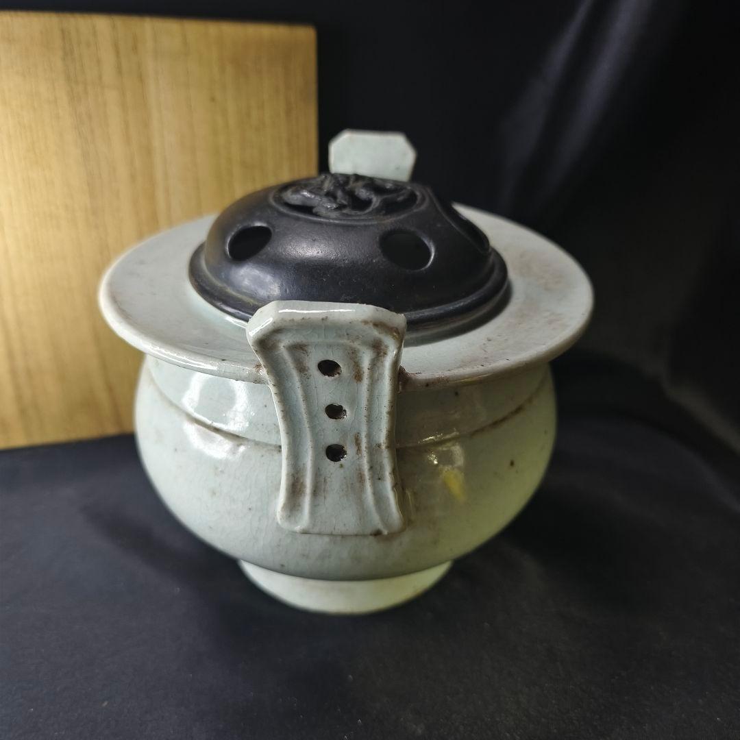 李朝骨董 古銅蓋青磁香炉 貫入入り 朝鮮王朝 古美術品 桐箱 コレクター放出美品