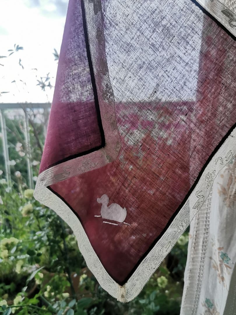 アンティーク 家鴨アップリケ刺繍 繊細な水鳥＆水草花アランソンレース クロス β