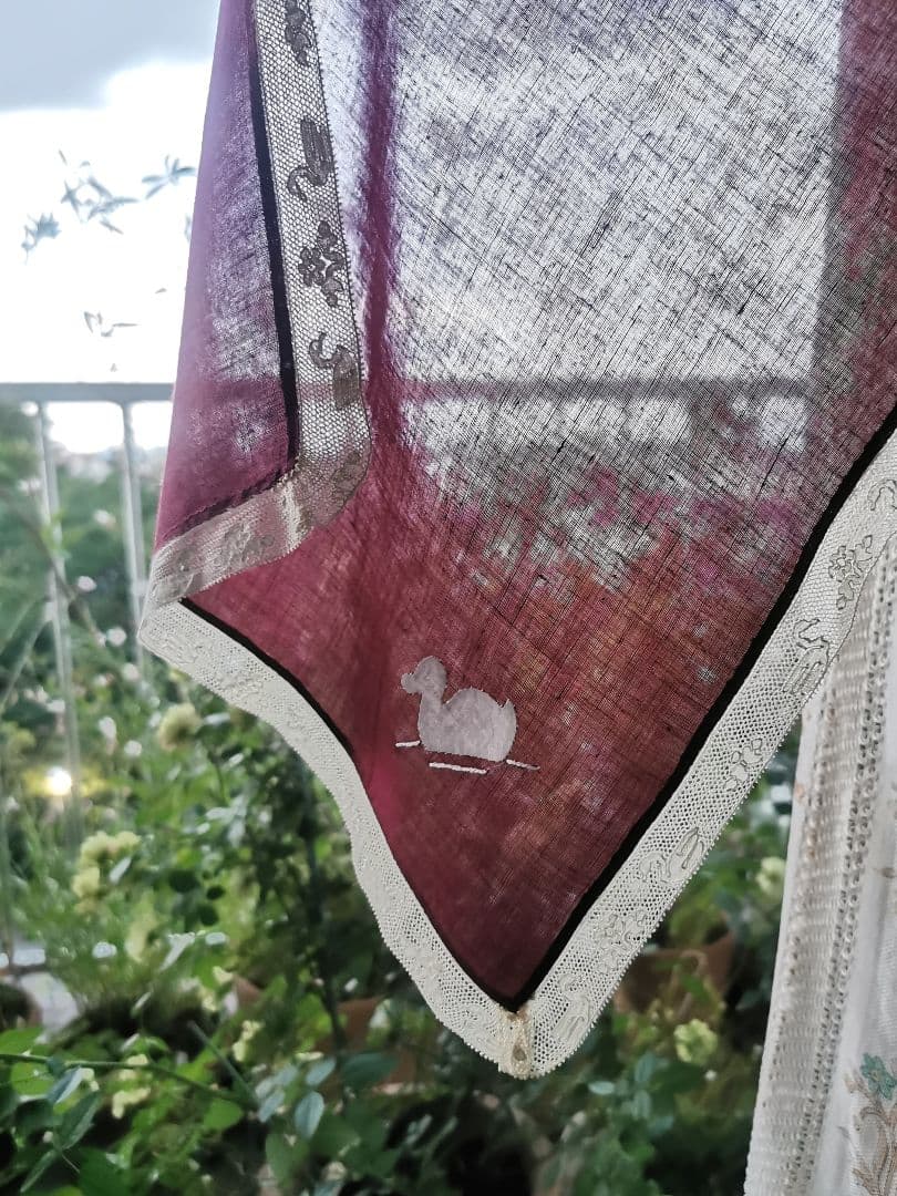 アンティーク 家鴨アップリケ刺繍 繊細な水鳥＆水草花アランソンレース クロス β