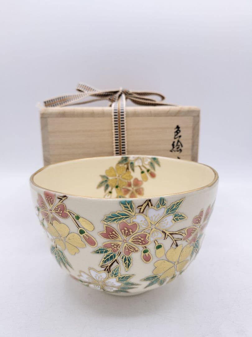 c869【新品・未使用】茶碗 色絵 枝垂桜 中村能久 木箱 茶道具