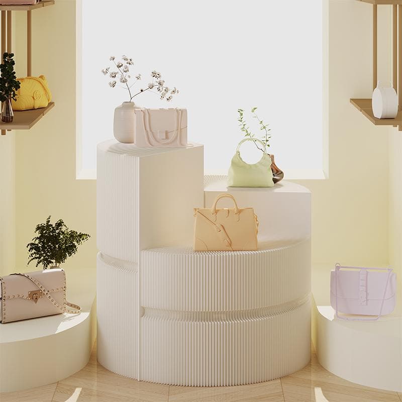 ホワイト階段円柱型ディスプレイ台 直径40cm高さ78㎝ 陳列台 組立不要展示会