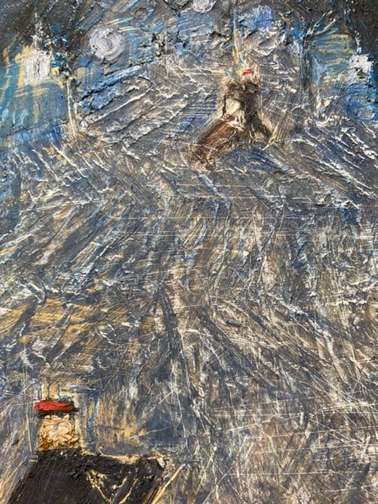 西村功 「 車を引く赤帽　」　F3号 油彩