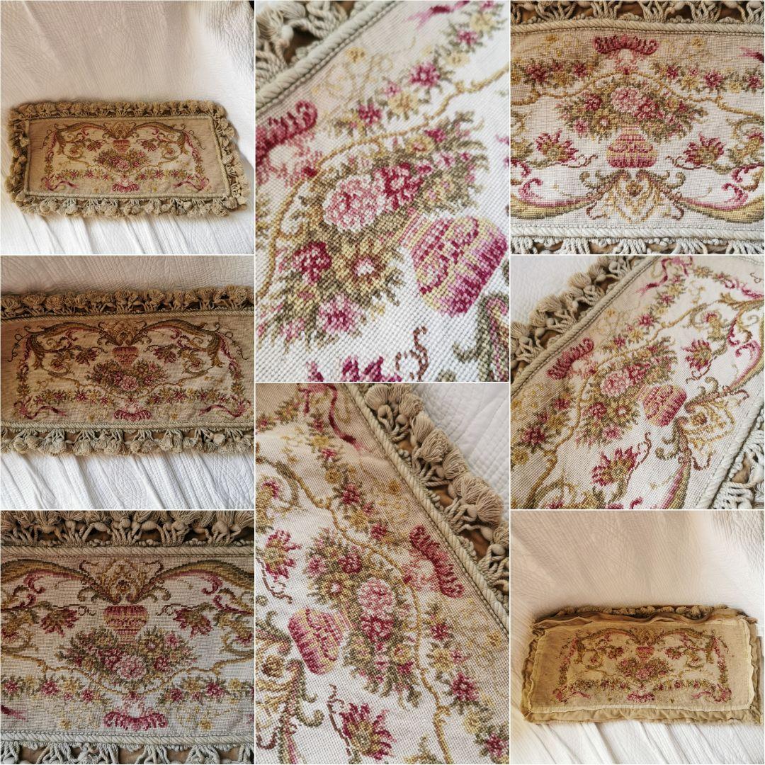アンティーク プチポワン 薔薇のガーランドのニードルポイント クッションカバー